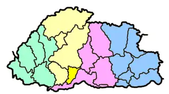 Locatie van het district Tsirang in Bhutan (in het geel)