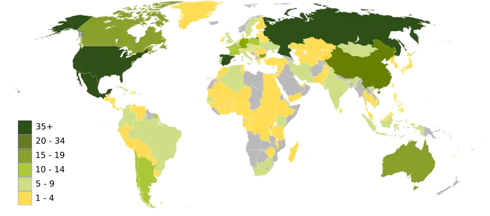 Wereldkaart die de verdeling van gebieden binnen het MAB-netwerk weergeeft.