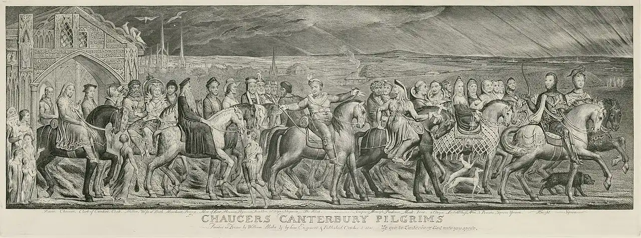 William Blake, The Canterbury Pilgrims, kopergravure gedrukt op papier (ca. 1820-23).