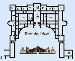 Blenheim Palace, Oxfordshire: een enfilade van negen kamers door het hele paleis (van "N" tot "G" bovenaan)