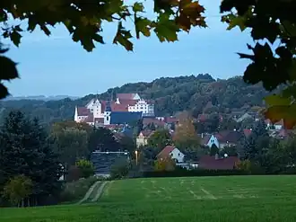 Gezicht op Colditz en, op de heuvel, zijn kasteel