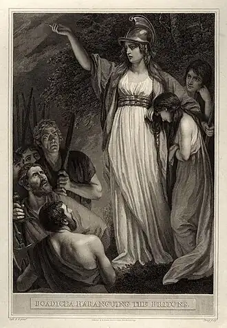 Gravure naar het werk "Boadicea spreekt de Britten toe" van John OpieWilliam Sharp, 1793.