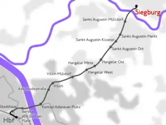 Route Siegburger Bahn vanuit Bonn