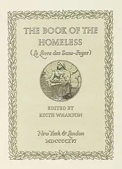 Kaft van het boek The Book of the Homeless dat werd gedrukt door de Merrymount Press. Op de voorkant is een vrouw met een sjaal om haar hoofd afgebeeld die een baby borstvoeding geeft. De kaft is versierd met getekende bladeren in de vorm van een rechthoek.
