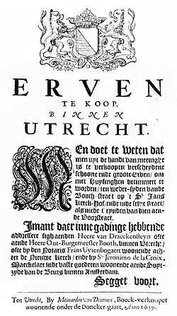 Aanplakbiljet uit 1659 waarin de verkoop aangekondigd wordt van "verscheydene schoone ende groote Erven om met Huysinghen betimmert te worden"