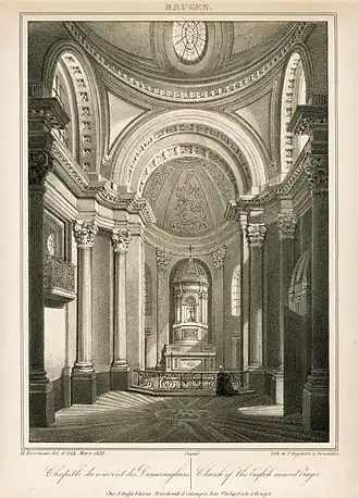 Binnenzicht van de kerk van het Engels Klooster. Lithografie uit 1838 door Henri Borremans, verschenen in Album Pittoresque de Bruges (Brugge, 1837-1840).