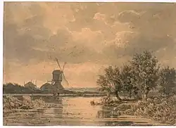 Standaardmolen en boerderij aan een plas, in de polder