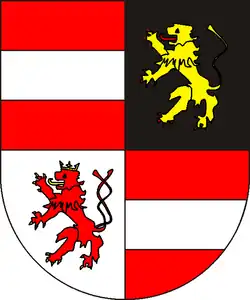 wapen van de hertogen van Brabant en Limburg; 1 en 4: Neder-Lotharingen, 2: Brabant, 3: Limburg