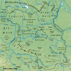 Kaart van de landstreken in Brandenburg; de Prignitz ligt linksboven.