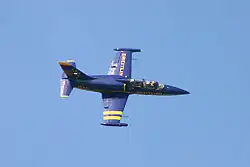 Een L-39s Albatros van het Breitling Jet Team in vlucht