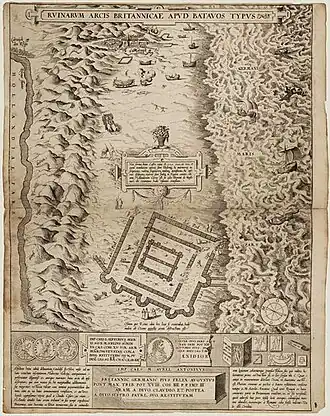 Afbeelding van de Brittenburg, een gravure door Abraham Ortelius uit 1566, naar een tekening die hij in dat jaar ontvangt van Guido Laurinus