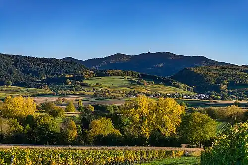 Gezicht op Britzingen met de berg Blauen op de achtergrond