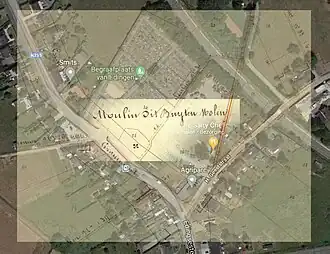Overlay van de Atlas der Buurtwegen (1841) op de luchtfoto van 2019 toont de locatie van de Buitenmolen.