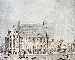 Gezicht over de Grote Markt van Groningen in 1784 met links het stadshuis en rechts het wijnhuis en het waaggebouw. Aquarel van Jan Bulthuis.