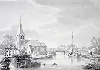 Gezicht op Zuidwolde in 1773 door Jan Bulthuis met links op de achtergrond de kerk voor de inkorting van 1854