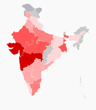 alt=Kaart van het aantal sterfgevallen in India (peildatum 2 april)
■&nbsp;1–9 sterfgevallen
■&nbsp;10–49 sterfgevallen