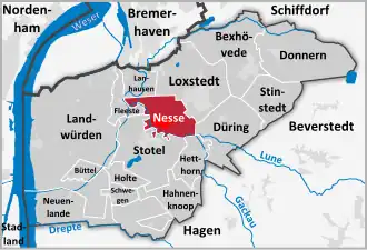 Situering van de gemeentedelen van Loxstedt. Nesse is rood gemarkeerd.