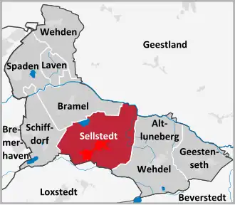 De gemeentedelen van Schiffdorf. Sellstedt is rood gemarkeerd.