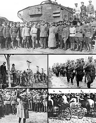 Met de klok mee vanaf boven: Soldaten van het leger van de Don in 1919; een Witte infanteriedivisie in maart 1920; soldaten van het 1e Cavalerieleger; Lev Trotski in 1918; arbeiders worden opgehangen door het Oostenrijks-Hongaarse leger in Jekaterinoslav in april 1918