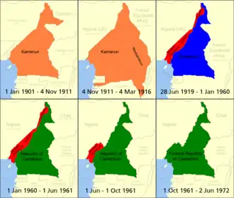 Geschiedenis van Kameroen
■&nbsp;Duits Kameroen (Kamerun)
■&nbsp;Brits Kameroen (Cameroons)
■&nbsp;Frans Kameroen (Cameroun)
■&nbsp;De moderne republiek Kameroen