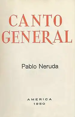 Omslag van een boek. Egaal grijze achtergrond met in het midden de titel "Canto General" in het rood.
