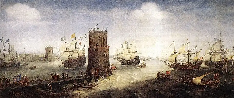Een Haarlems schip doorbreekt de ketting bij Damietta die de toegang tot de Nijl blokkeert(ca.1627), Cornelis Claesz. van Wieringen, Frans Hals Museum