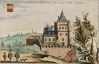 Fantasievoorstelling van het Kasteel van Middelburg, gebaseerd op het altaarstuk, in: Antonius Sanderus, Flandria illustrata, 1641