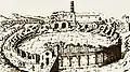 Amphiteatrum Castrense in de 16e eeuw. Een deel van de 3e verdieping en resten van de tribunes zijn nog te zien