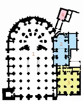 plattegrond van de kerk1. kerk, 2. koninklijke kapel, 3. kapel/museum, 4. sacristie