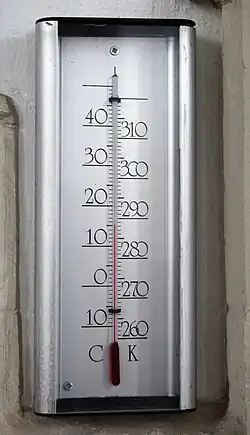 Thermometer geschaald in zowel graden Celsius als in kelvin, gehecht aan een van de pijlers van de kerk