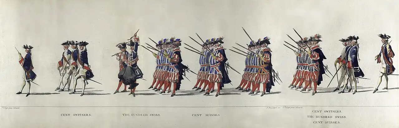 De Zwitserse Garde van de Staten-Generaal paradeert in 's-Gravenhage.Tekening uit 1752 van Pieter van Cuyck junior, gegraveerd door Jan Punt.