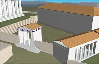Reconstructie van de Chalkotheke (gebouw op de achtergrond), links de hoek van het Parthenon