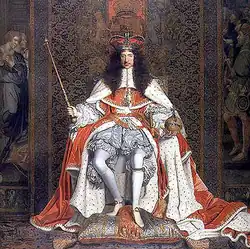 Karel II van Engeland in een rode koningsmantel.