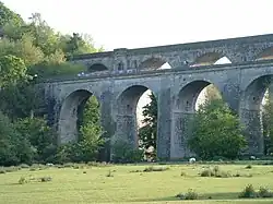 Zijaanzicht met erachter de spoorbrug