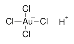 alt=Structuurformule van 
  
    
      
        
          H
          
            (
            
              AuCl
              
                4
              
              
                
              
            
            )
          
        
      
    
    {\displaystyle {\ce {H(AuCl4)}}}