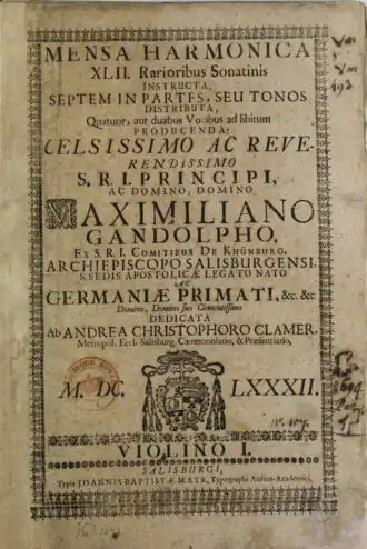 Voorblad van de eerste vioolpartij uit Mensa Harmonica