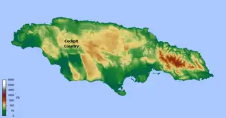 ligging van de Cockpit Country in het westen van Jamaica