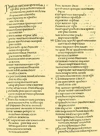 1 Korintiërs 1:1-21 in het Latijn op de Codex Amiatinus, in de 8e eeuw gekopieerd in Wearmouth-Jarrow Abbey.