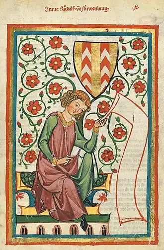 Miniatuur van graaf Rudolf II van Neuchâtel in de Codex Manesse.