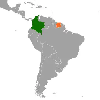 Kaart met daarop Colombia en Suriname