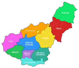 De 10 Comarca's van de provincie Grenada