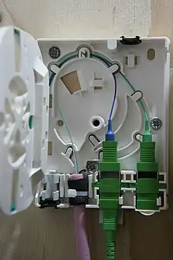 Commscope FTU geopend met de vezelspoel naar links geklapt, en een blauwe en groene glasvezel afgewerkt op groene SC-P connectoren.