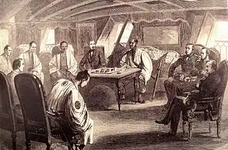 Een conferentie op de Semiramis op 2 juli 1863. Voorgrond: Frans tolk Blekman, Japanse tolk. Achtergrond (v.l.n.r.): Drie Japanse gouverneurs van Yokohama, Gustave Duchesne de Bellecourt, Daimyo Sakai-Hida-no-Kami, Edward St. John Neale, Benjamin Jaurès, Admiraal Augustus Leopold Kuper