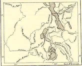Een kaart van het Grote Merengebied uit de pre-koloniale tijd van de verkenningstochten door Congo.