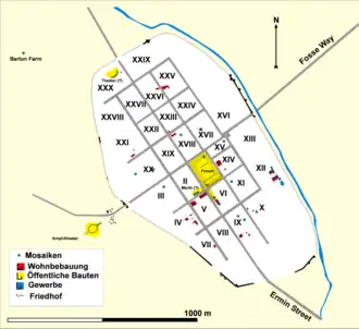 Archeologische kaart van Corinium Dobunnorum; merk op dat niet alle op de kaart ingetekende vondsten gelijktijdig in gebruik waren.