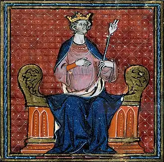 Hugo Capet als koning op zijn troon (miniatuur uit een 13e- of 14e-eeuws manuscript van de Grandes Chroniques de France, Bibliotheque Nationale).The Coronation of Hugues Capet in 988, gettyimages.fr.