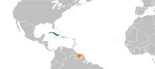 Kaart met daarop Suriname en Cuba