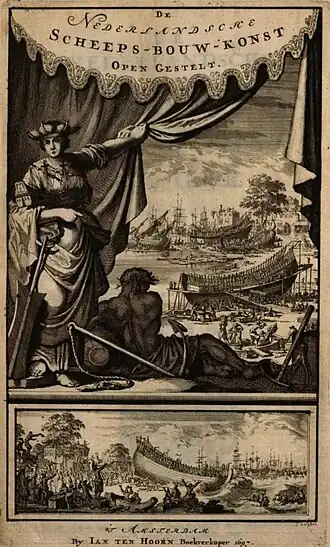 Omslagprent van het boek. Bovenste afbeelding: een scheepswerf in bedrijf. Onderste afbeelding: Een schip wordt op zijn Hollands, met de boeg voorop, te water gelaten.Hoving (2012), p.3