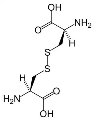Chemische structuur van cystine gevormd uit  L-cysteïne (onder biologische condities)
