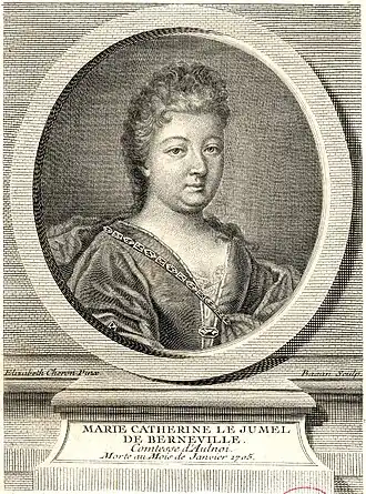 Enige bekende afbeelding van Madame d'Aulnoy. 18e-eeuwse gravure van Pierre-François Basan naar een schilderij van Elisabeth-Sophie Chéron
